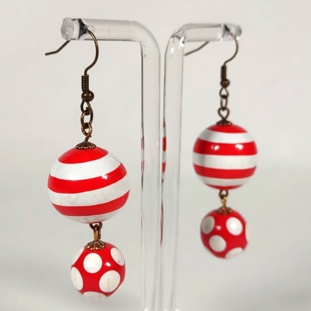 Handmade Red and White Wood Bead Fishhook Post Earrings - Picture 6 of 7